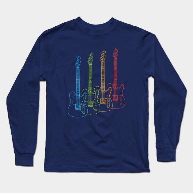 Four T-Style Electric Guitar Outlines Multi Color Long Sleeve T-Shirt by nightsworthy